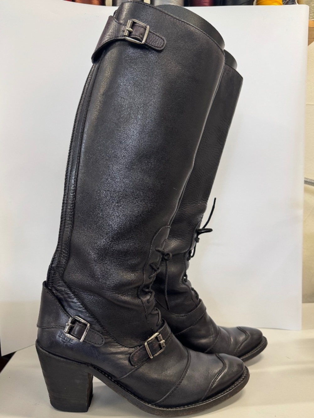 Frye Tall Heeled Buckle Boots